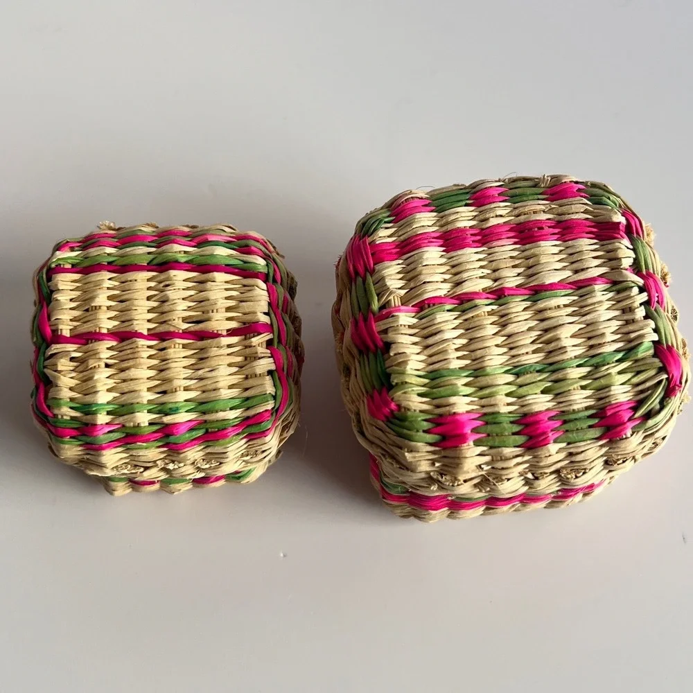 Vintage Miniature Woven Straw Trinket Baskets Set of 2 Boho Folk Art Boxes